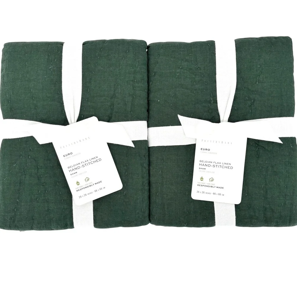 NEW Pottery Barn Belgian Flax Linen Hand-Stitched Euro Sham Set of 2 Pine Green